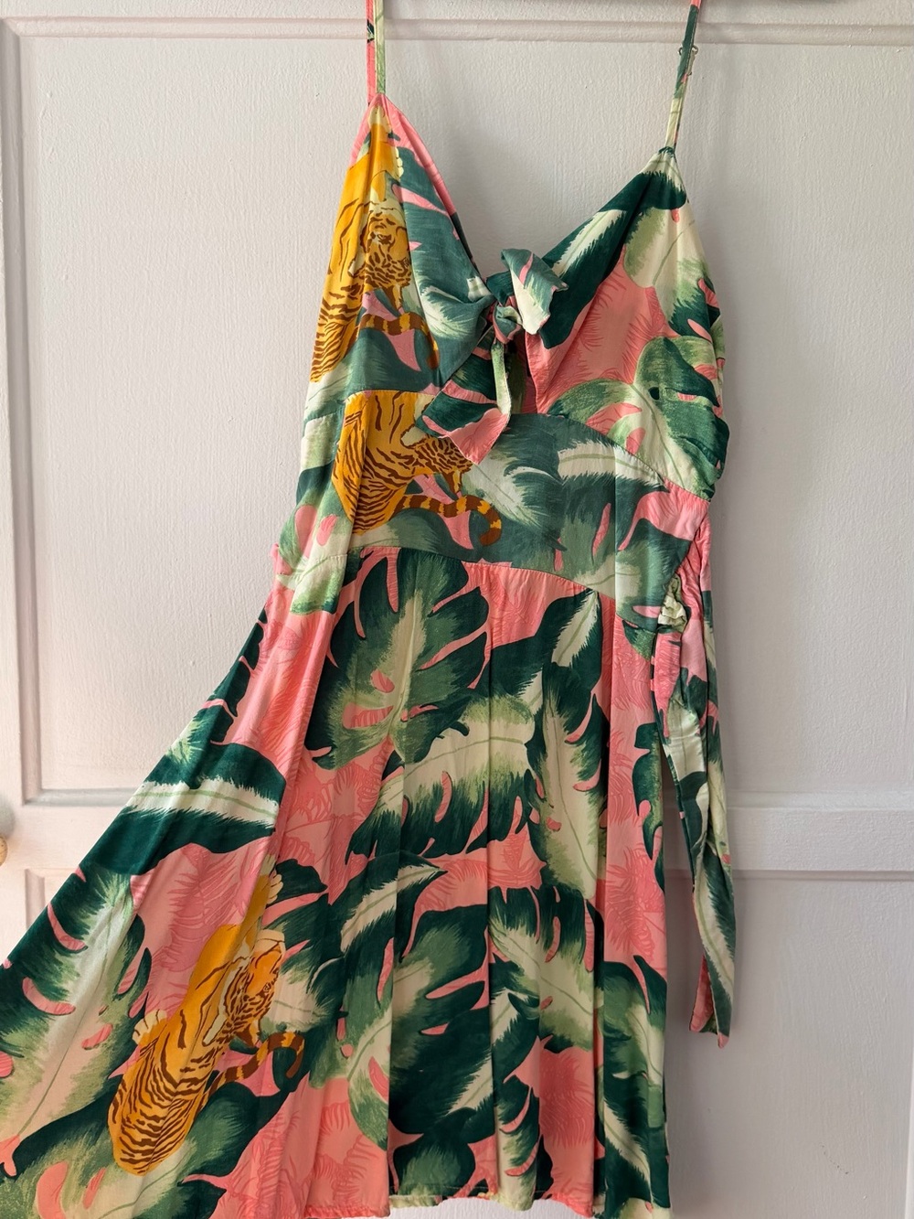 Tie-Front Tropical Mini Dress in Pink & Green